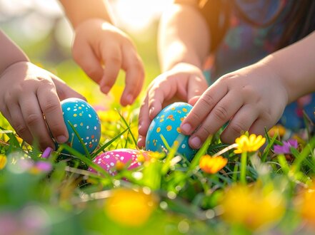 Kinderhände, die nach Ostereiern greifen