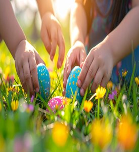 Kinderhände, die nach Ostereiern greifen