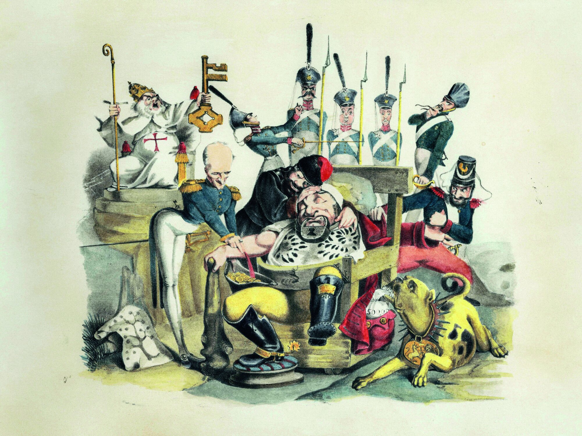 Revolution 1848/49: Der schlafende deutsche Michel, eingeschläfert vom Zaren, ausgeraubt von der britischen Bulldogge, von Metternich zur Ader gelassen, vom Papst mit einem Mundschloss zum Schweigen gebracht. Lithografie von Johann Richard Seel, koloriert