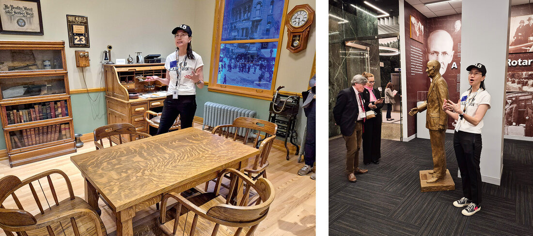 Links: Ein Meetingraum aus der Zeit der ersten Clubmeetings; rechts: Paul-Harris-Eindrücke beim Rundgang durch das One Rotary Center in Evanston