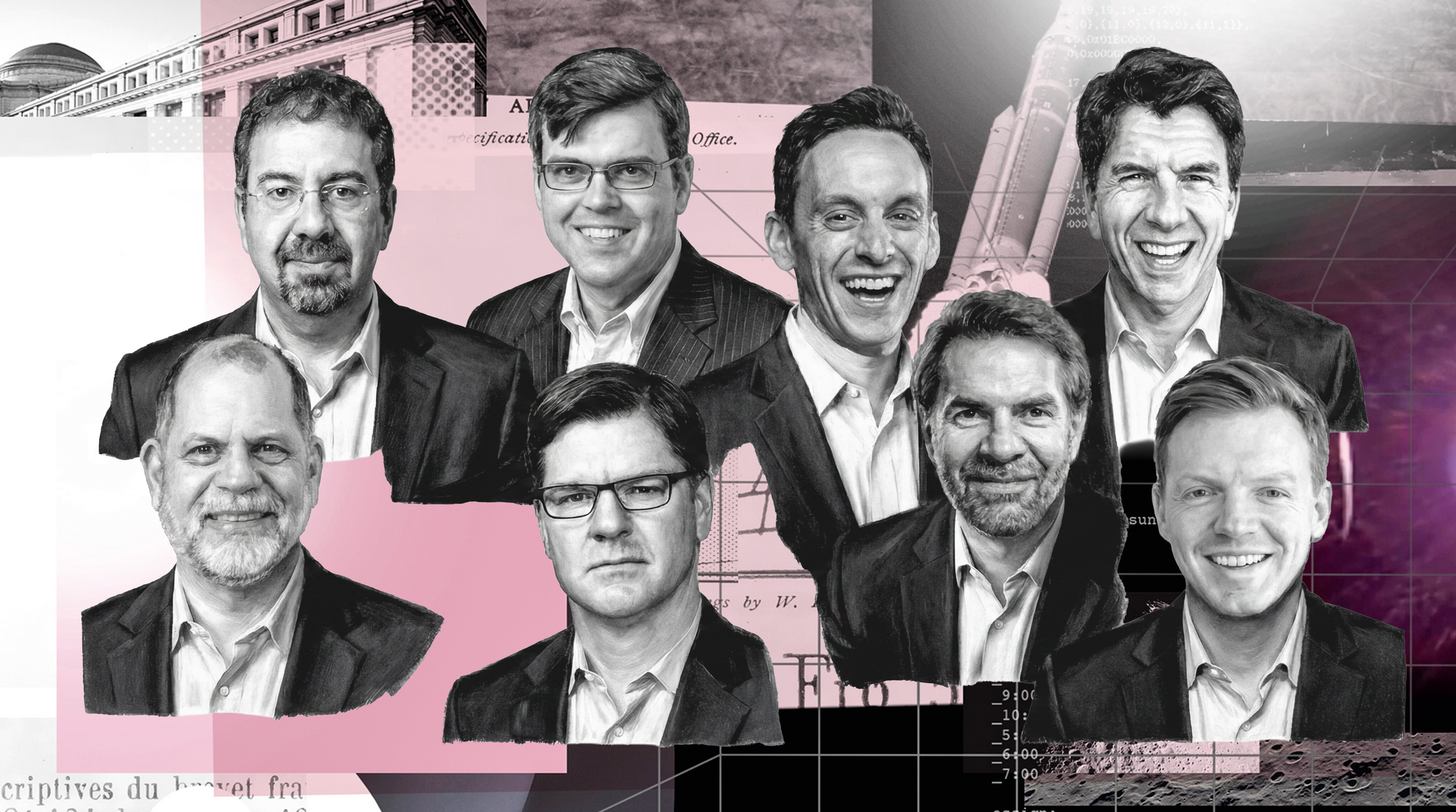 Expertenmeinungen: Daron Acemoğlu, Byrne Hobart, Derek Thompson, Paul Kedrosky (obere Reihe von links), Tyler Cowen, Jim Covello, Erik Brynjolfsson und Tobias Huber (untere Reihe von links)