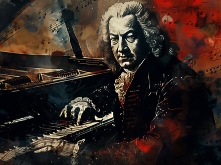 Ein historisch fiktionales Bild: Bach sitzt an einem Flügel