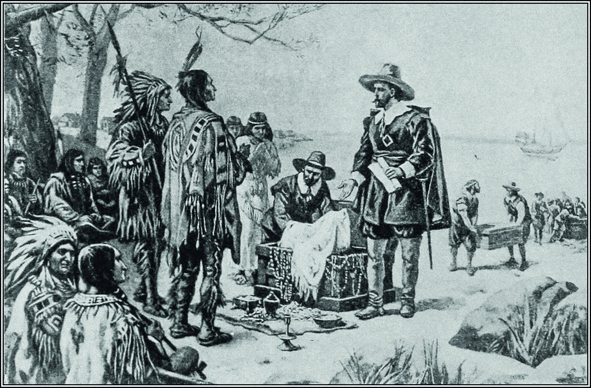 Die Zeichnung von Alfred Fredericks (1902) soll den Erwerb Manhattans durch Peter Minuit zeigen