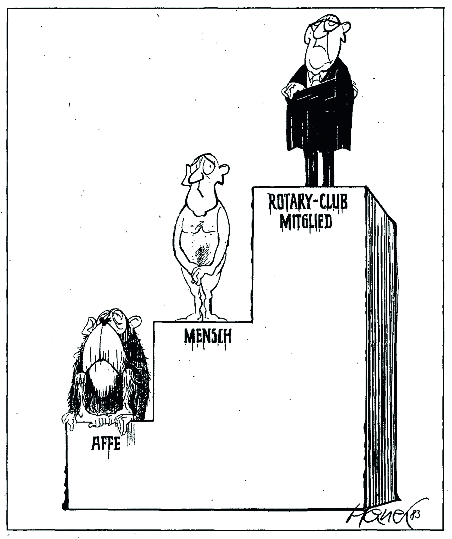 „Rotary: Filz mit Nadelstreifen“ heißt der „Spiegel“-Artikel von 1983, in dem auch diese Karikatur (Entwicklungsstufen des Menschen)von Walter Hanel veröffentlicht wurde