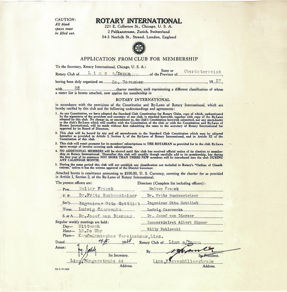 Antrag des RC Linz auf Aufnahme des Clubs in Rotary International, 19. Februar 1928